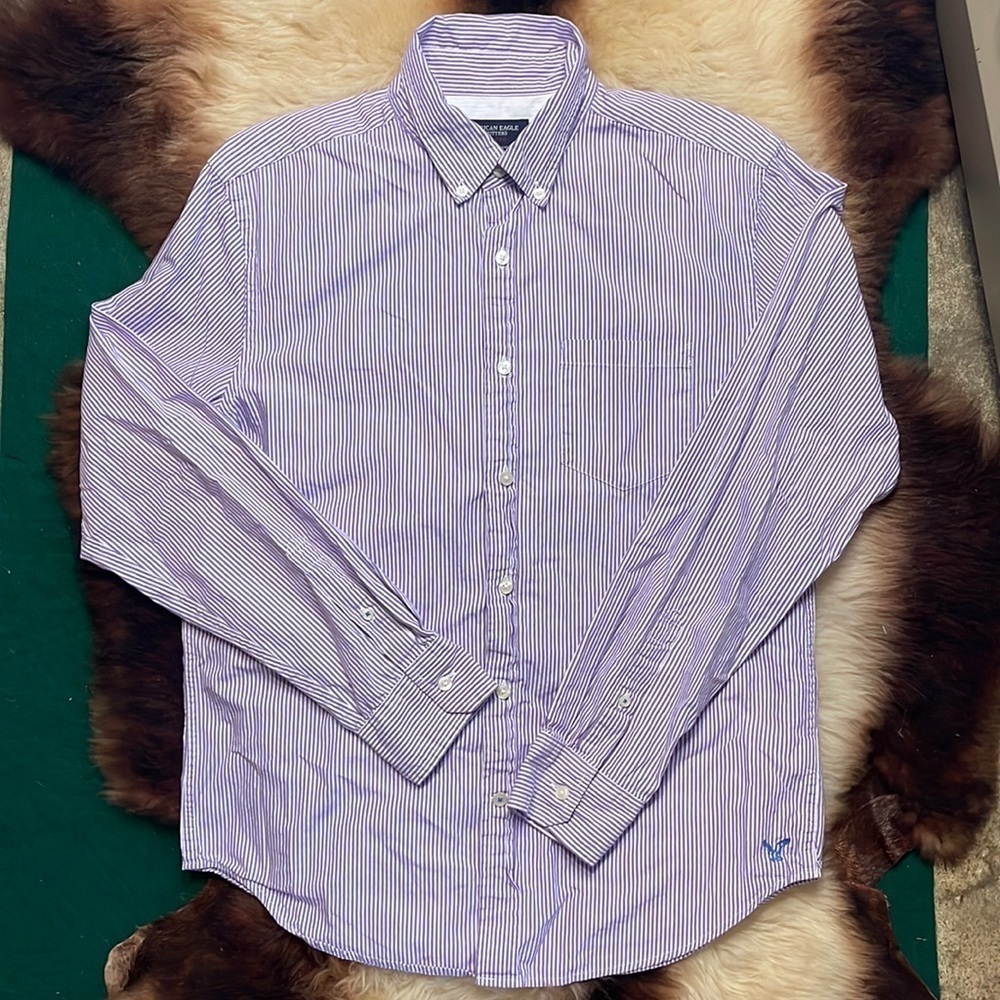 American Eagle Purple and White Stripe Button Up Long Sleeve